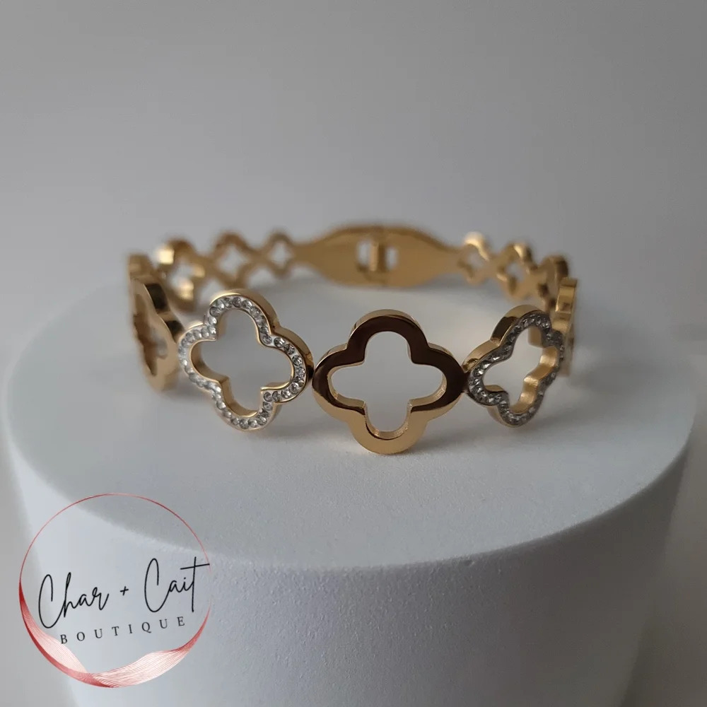 18K Gold-Plated Open Pave Clover Link Bangle Bracelet